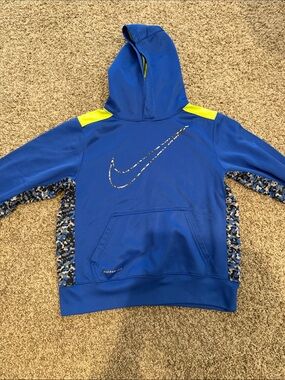 Nike Kids Royal Blue Hoodie with Neon Yellow Shoulders and Blue Camo Trim